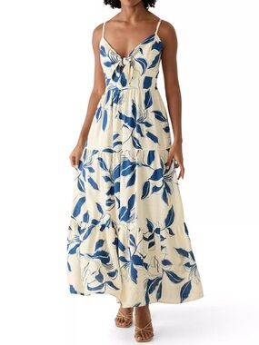 MSK Cream Maxi Dress with Blue Leaf Print and Front Tie Size Medium